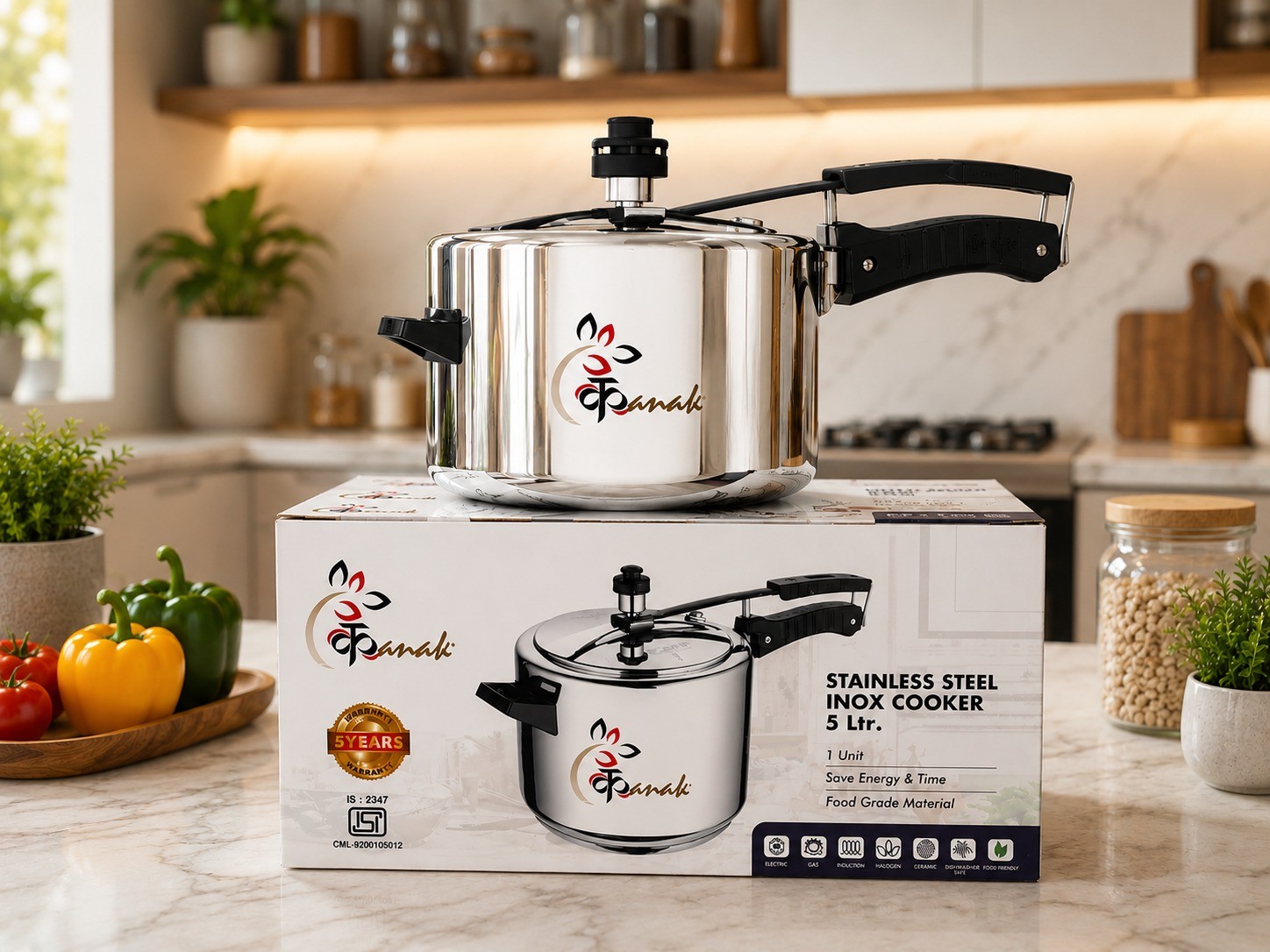 Kanak Stainless Steel Pressure Cooker 5 Litre | Heavy Gauge Food Grade Stainless Steel | Induction & Gas Compatible | ISI Certified